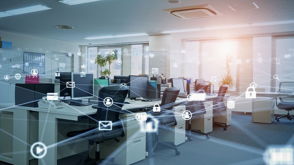 A connected office environment leveraging IoT for smart cleaning solutions.