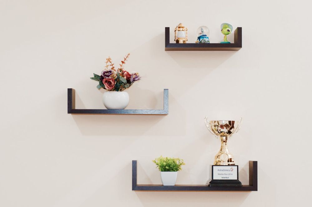 Wall shelves save space.