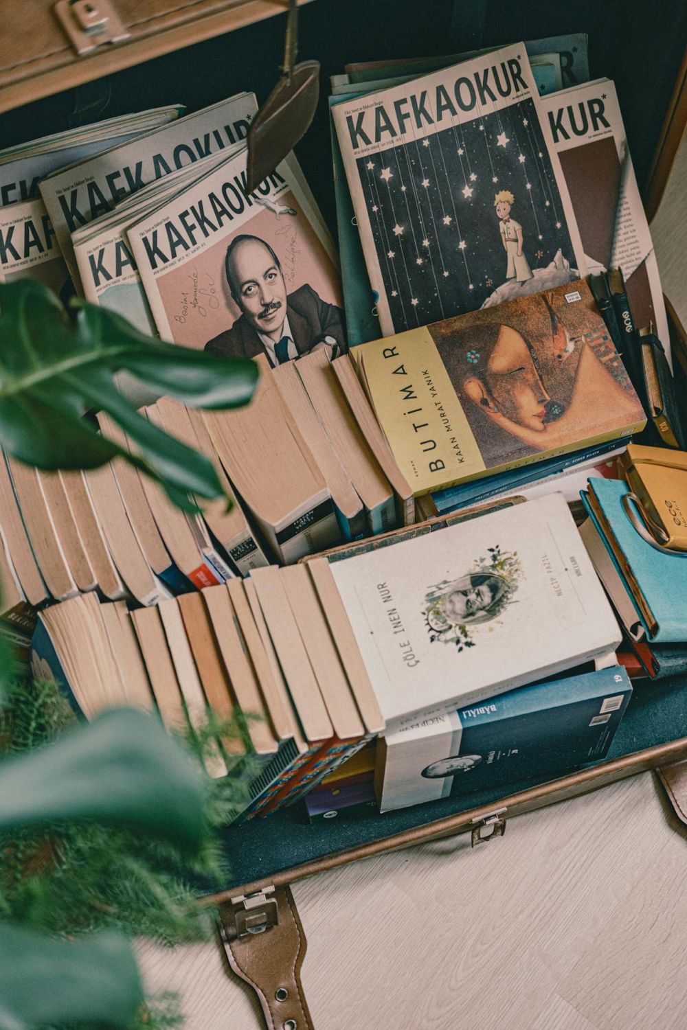 A leather suitcase filled with old books.