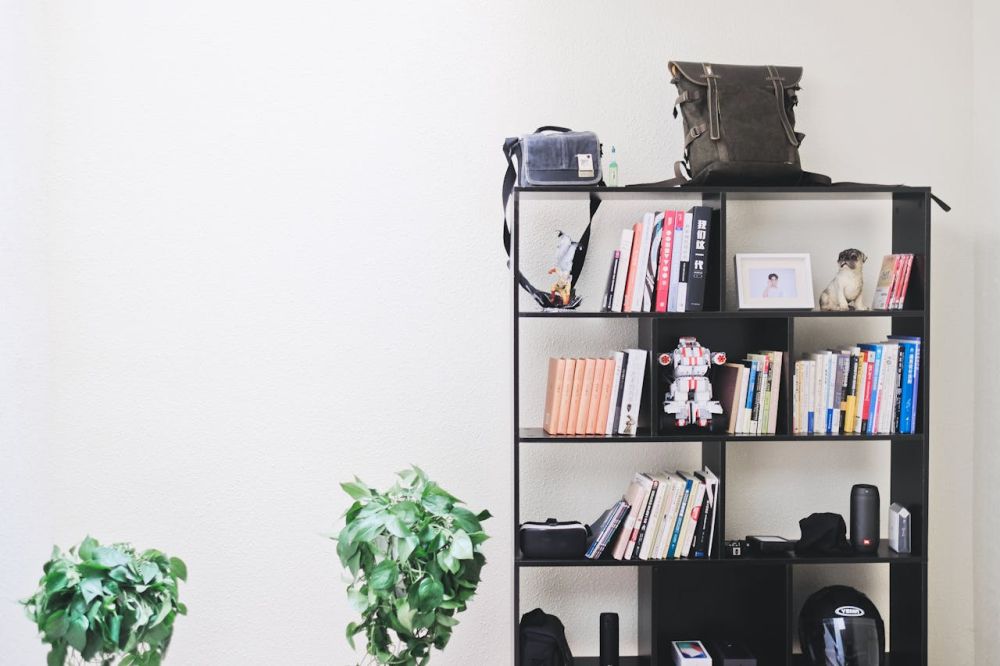 An arrangement of books magazine and plants at home.