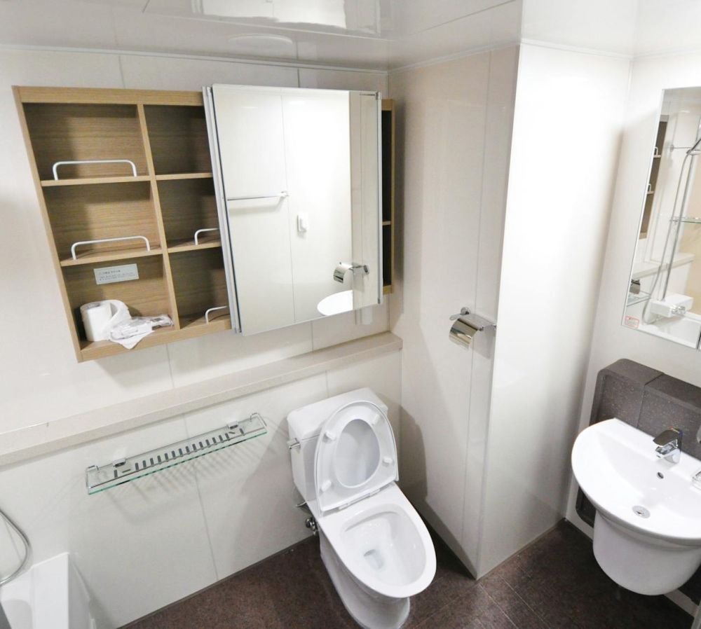 Cabinets above the commode to save space.