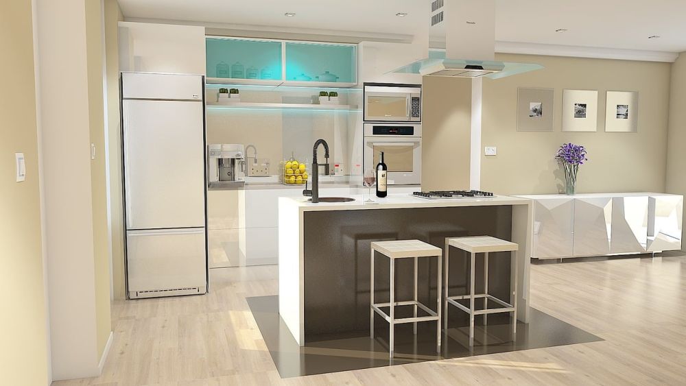 An open kitchen and drawing room with selective home appliances.