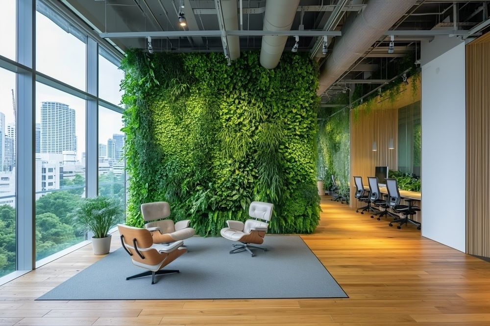 This stunning living wall showcases the potential of vertical gardening indoors. The wall-mounted system supports a variety of plants, creating a green, refreshing ambiance in this modern office space. Living walls not only enhance aesthetics but also improve air quality and provide natural insulation.