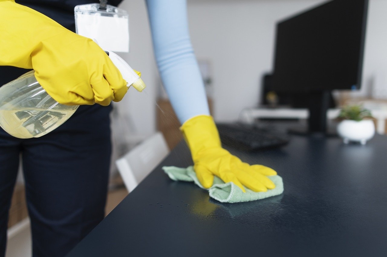 Effective green cleaning practices in a modern office setting.