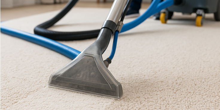 A close-up of a professional cleaner using a hot water extraction machine on a carpet, showing the transparent vacuum head suctioning water and dirt.